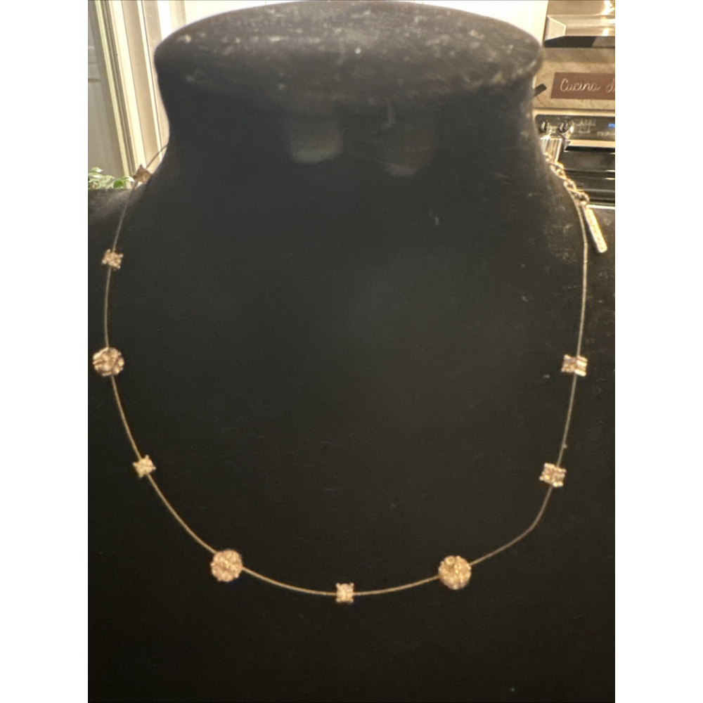 Vintage NAPIER Signed Dainty Wire Station Necklace Crystal Flowers Goldtone